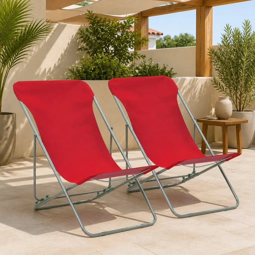 Folding Beach Chairs Red 2 Pcs Outdoor Sun Lounger Reclining Garden Seating