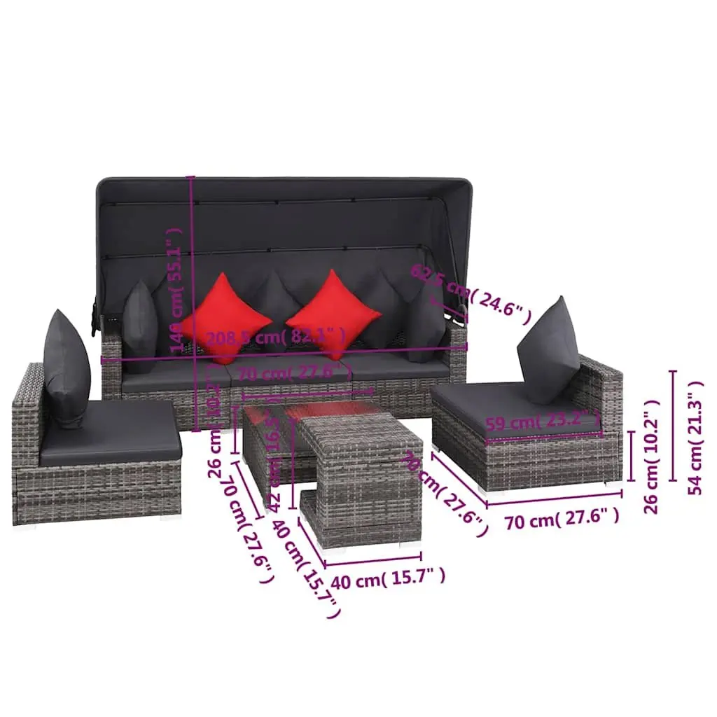Outdoor Furniture Set 7 Piece Modular Poly Rattan Garden Lounge Sofa with Canopy Grey
