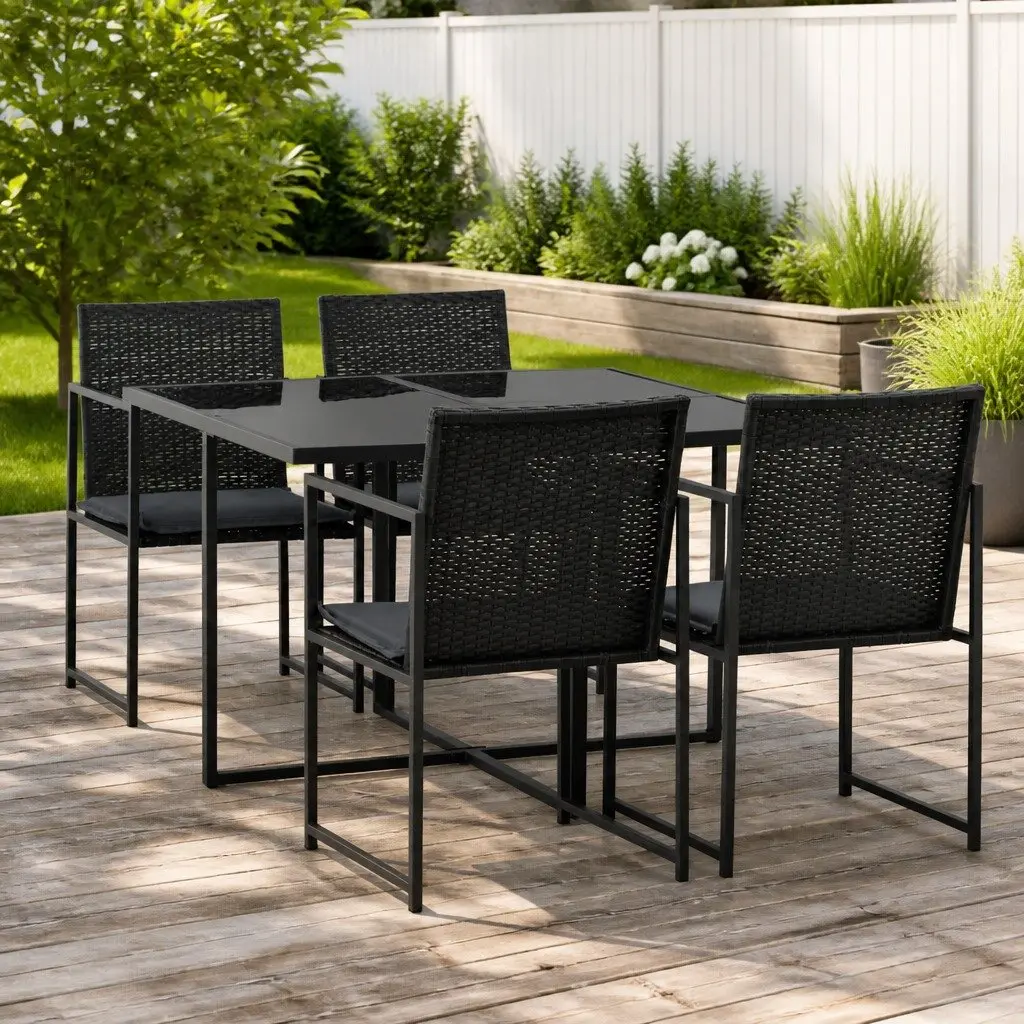 Outdoor Dining Set Water-Resistant PE Rattan 5 Piece Black Garden Furniture