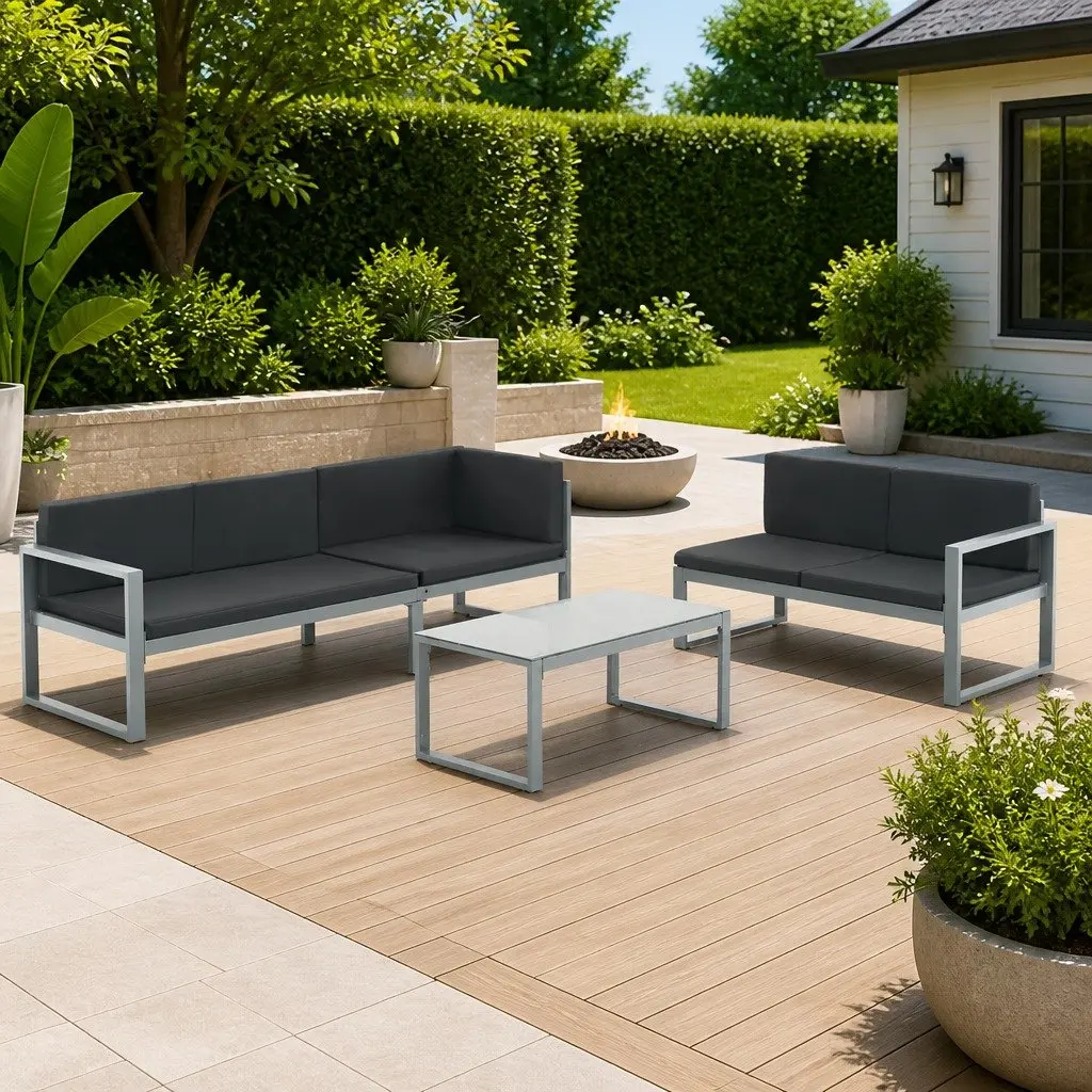 Outdoor Lounge Set Lightweight Aluminium Frame 3 Piece with Cushions Black