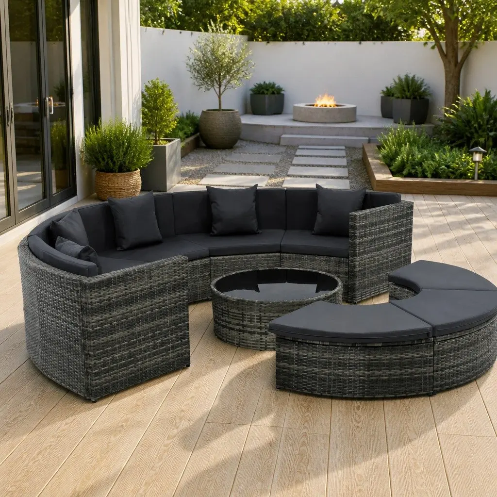 Garden Lounge Sofa Set Modular 7 Piece Poly Rattan Outdoor Patio Furniture Grey Cushions