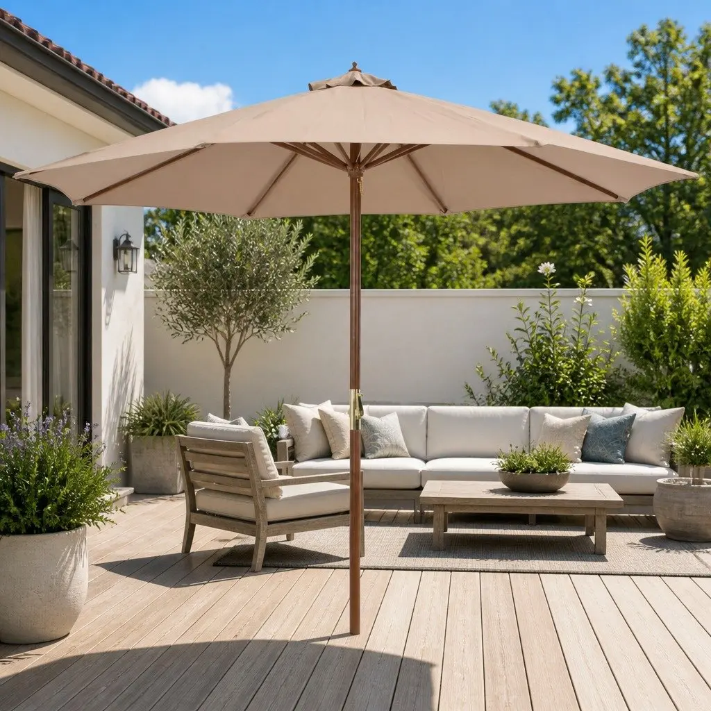 Garden Parasol Wooden Pole 300cm UV Protective Taupe Outdoor Shade Umbrella Crank Mechanism