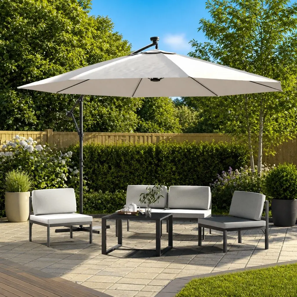 Cantilever Garden Parasol with Solar LED Lights Metal Pole 350cm Outdoor Shade