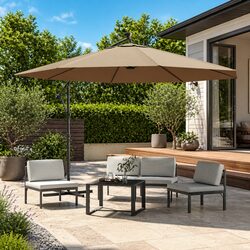 Cantilever Garden Parasol 350cm LED Lights Solar Powered Outdoor Shade Taupe