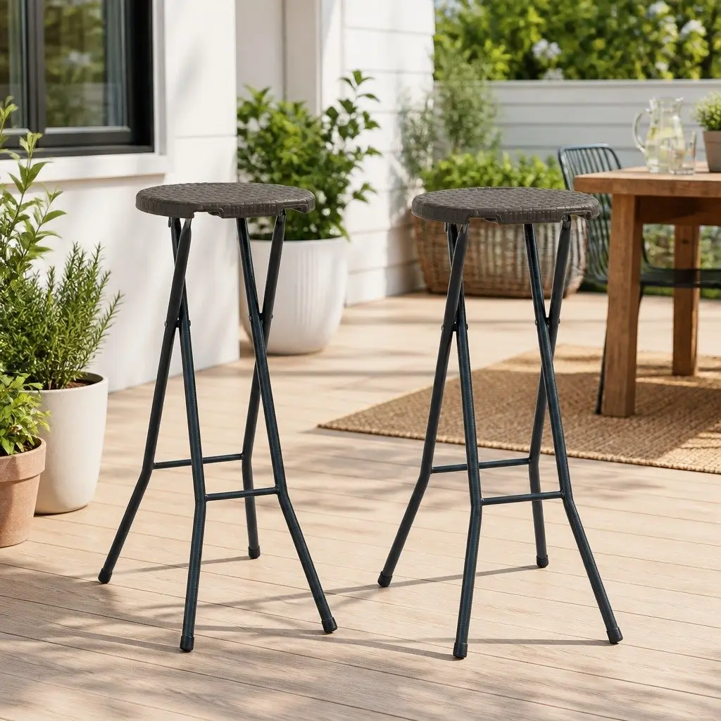 Folding Bar Stools 2 pcs Outdoor Seating Brown Rattan Look Garden Patio Chairs