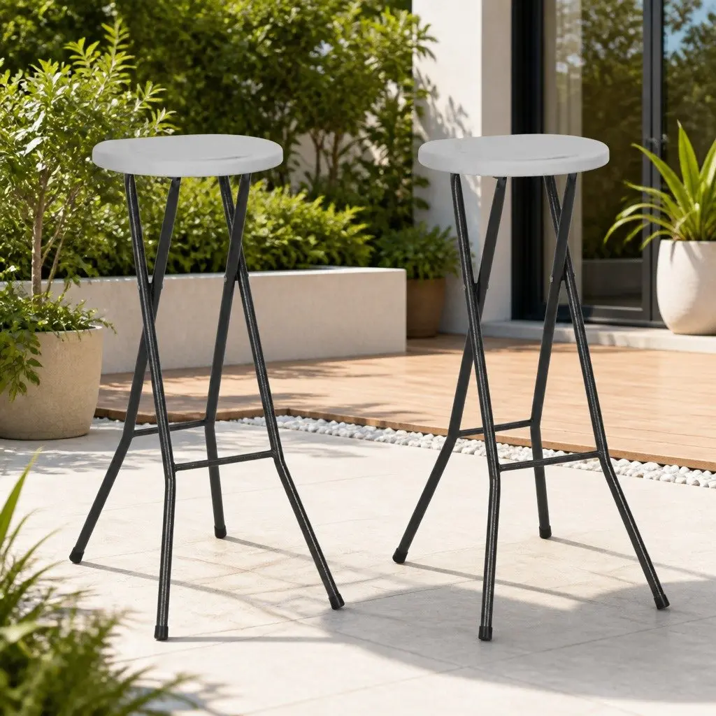 Folding Outdoor Bar Stools 2 Piece Lightweight White Chairs for Garden Patio Balcony