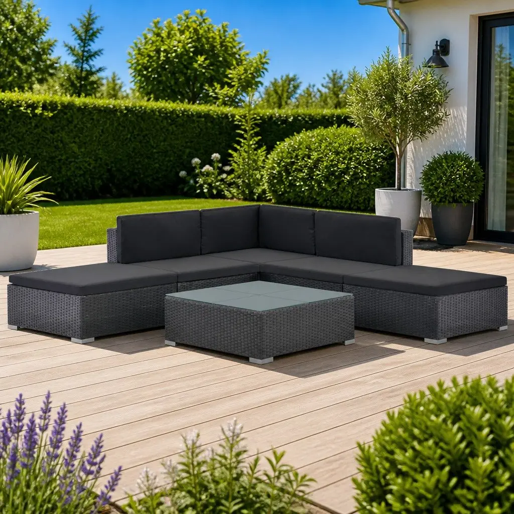 Garden Furniture Lounge Set 6 Piece Black Modular Poly Rattan Sofa with Cushions