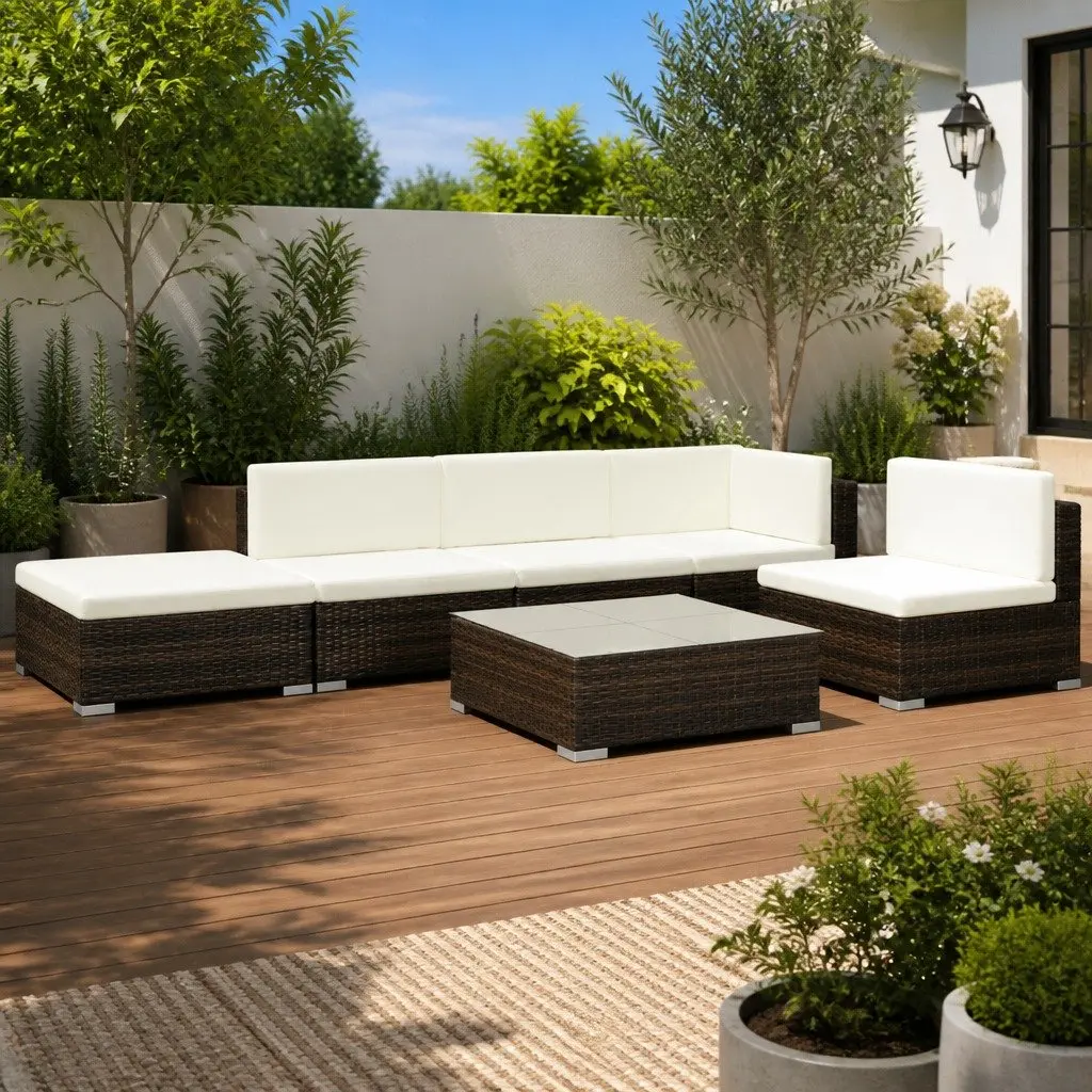 Outdoor Furniture Set 6 Piece Poly Rattan Sofa with Cushions Weather Resistant Brown