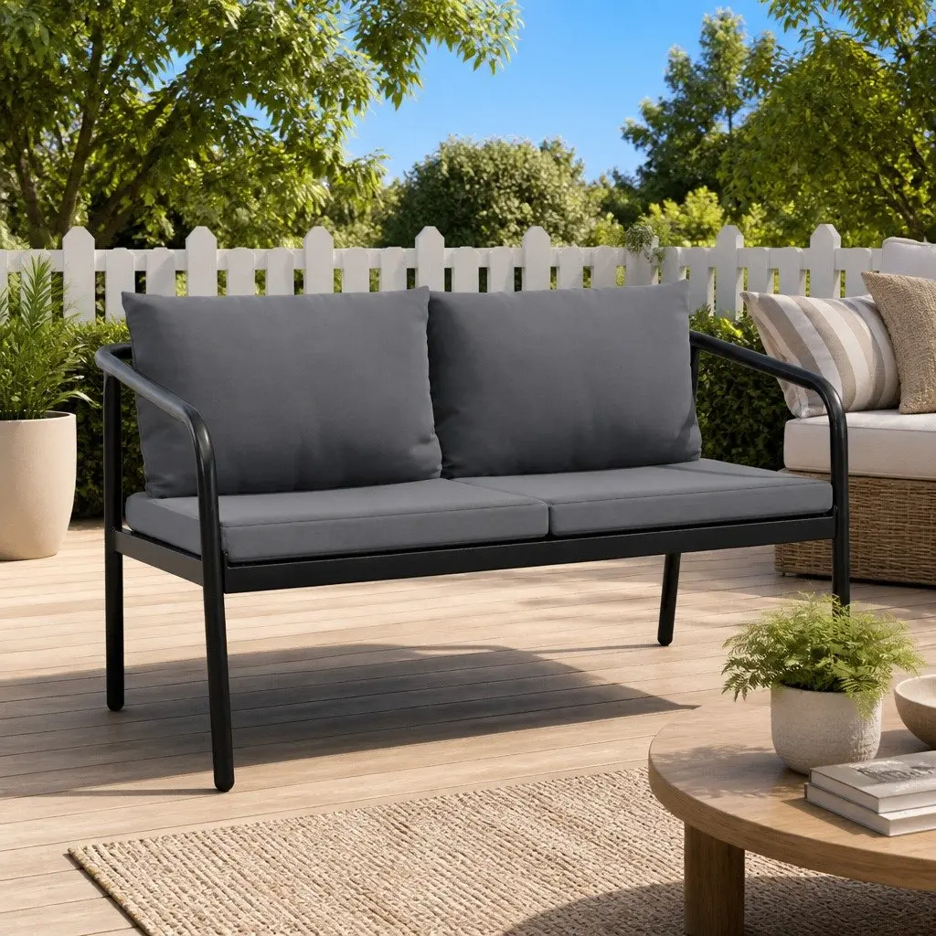 Outdoor Sofa Aluminium Garden Bench Grey with Cushions 2 Seater
