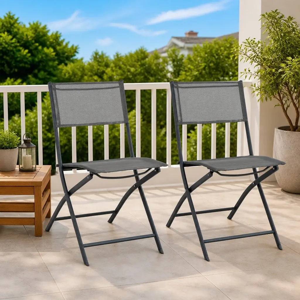 Folding Outdoor Chairs Grey Steel Frame Textilene Fabric 2 Piece