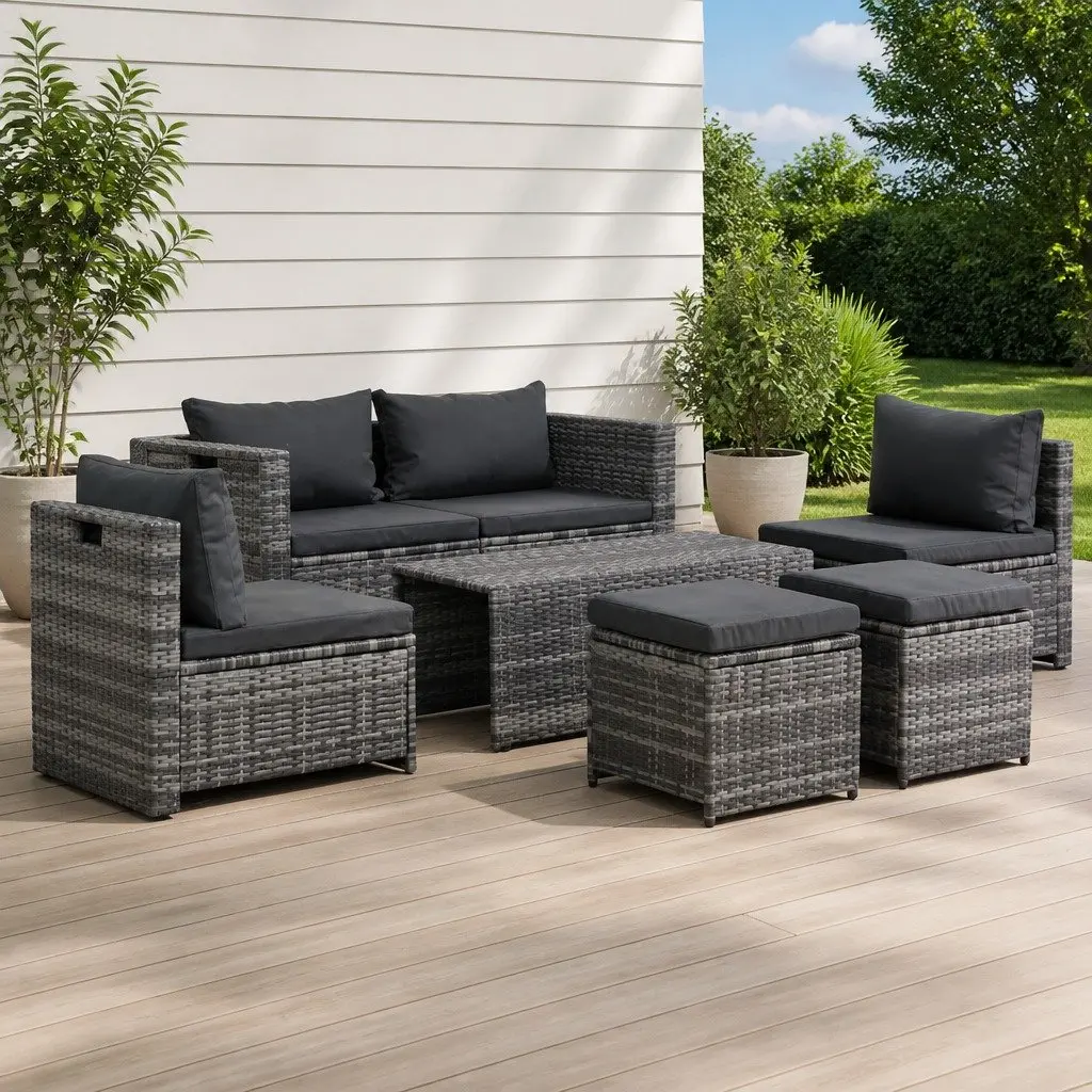 Garden Lounge Set 6 Piece Poly Rattan Outdoor Furniture with Cushions Grey