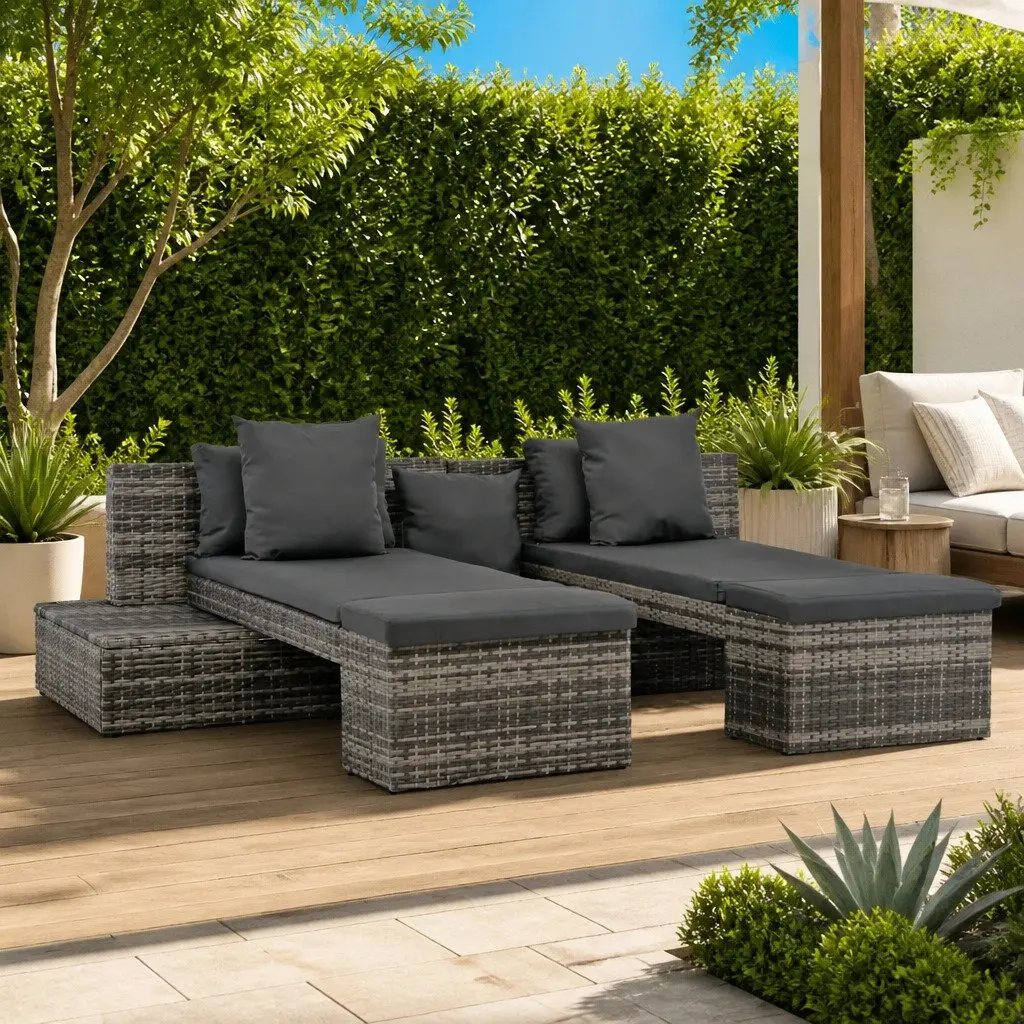 4 Piece Garden Lounge Set with Cushions Grey Rattan Outdoor Sofa Sunbed