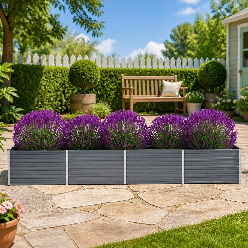 Metal Garden Bed Planter Box Durable Grey Steel Construction 320x80x45cm