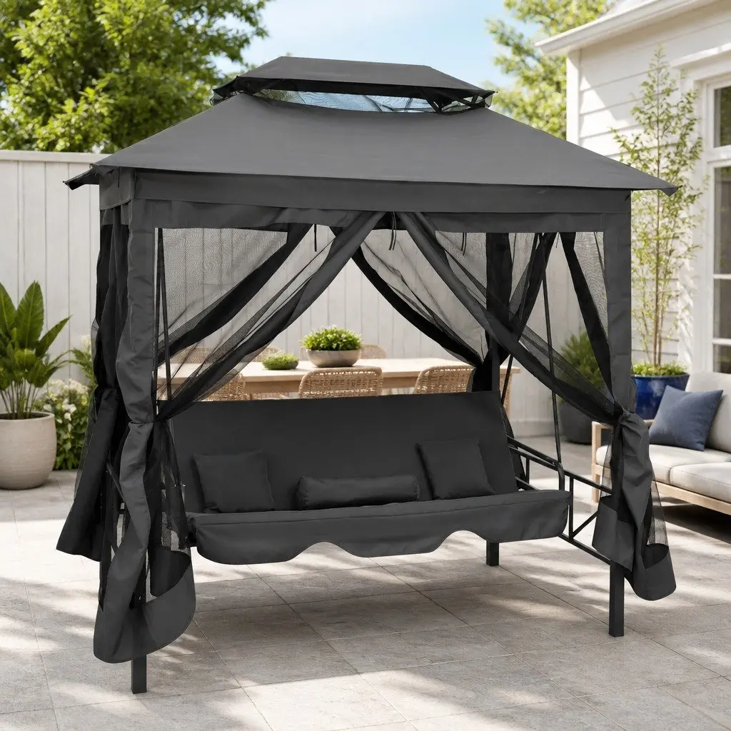 Outdoor Convertible Swing Bench Canopy Anthracite Steel Garden 220 x 160 x 240 cm