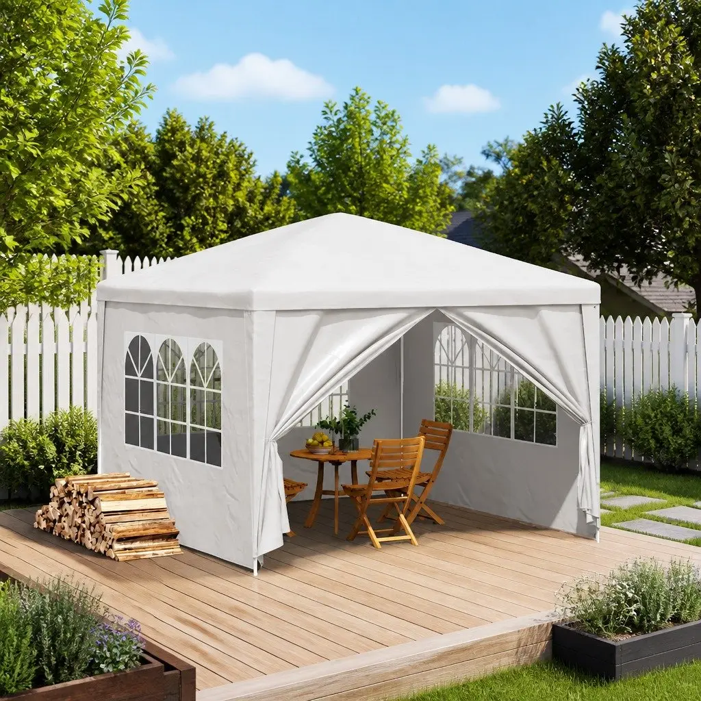 Party Tent White Outdoor Canopy 3x3 m Garden Gazebo Shelter with Side Panels and Door