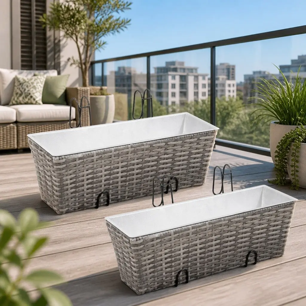Railing Planters 50cm Grey Weather Resistant 2 Piece Suitable for Balcony and Windowsill Gardening