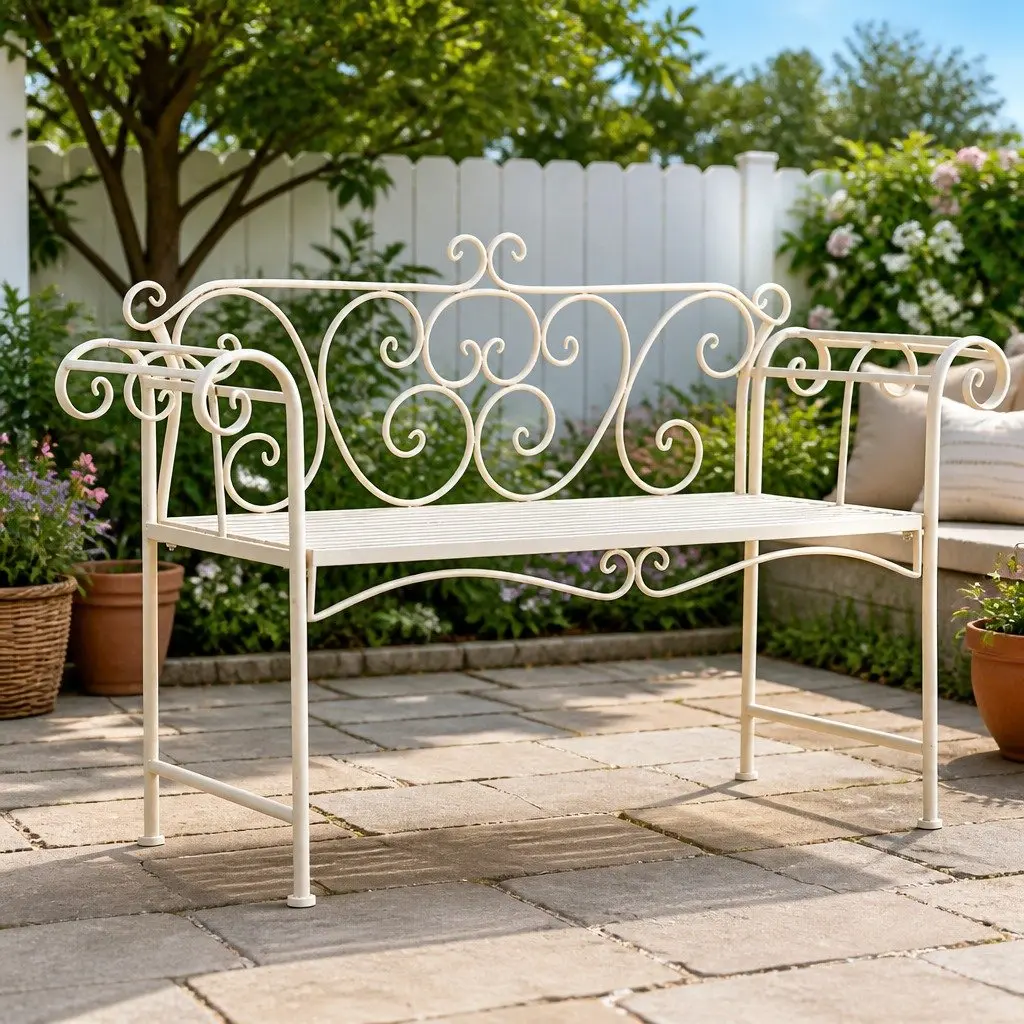 Garden Bench Scroll Pattern 132cm Metal Antique White Frame