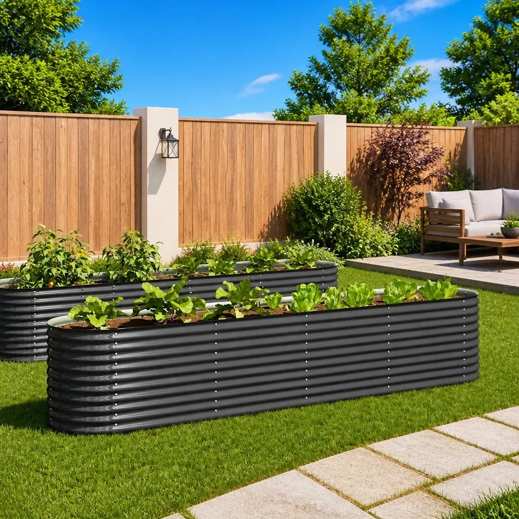 Garden Raised Bed Galvanised Steel Outdoor Planter 400x80x81 cm Grey