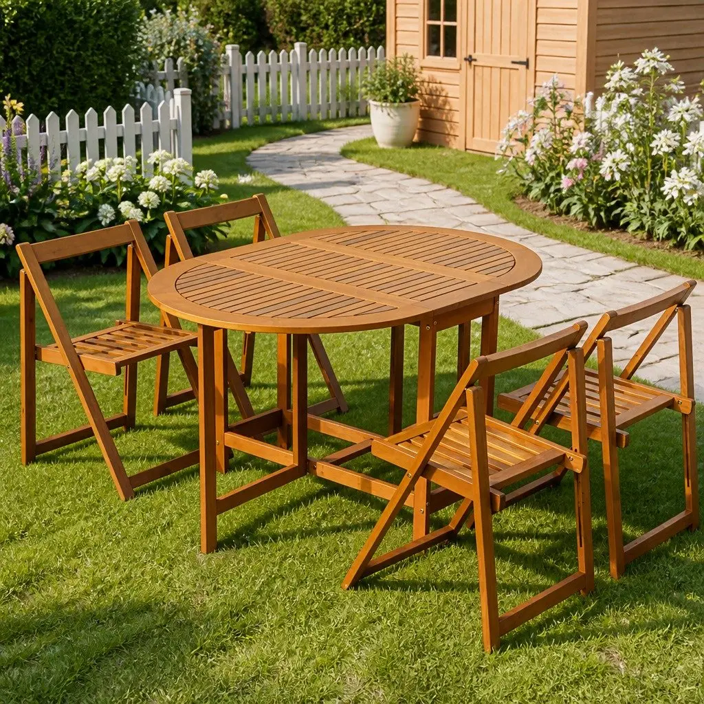 Outdoor Dining Set Folding Table 5 Piece Acacia Wood Brown