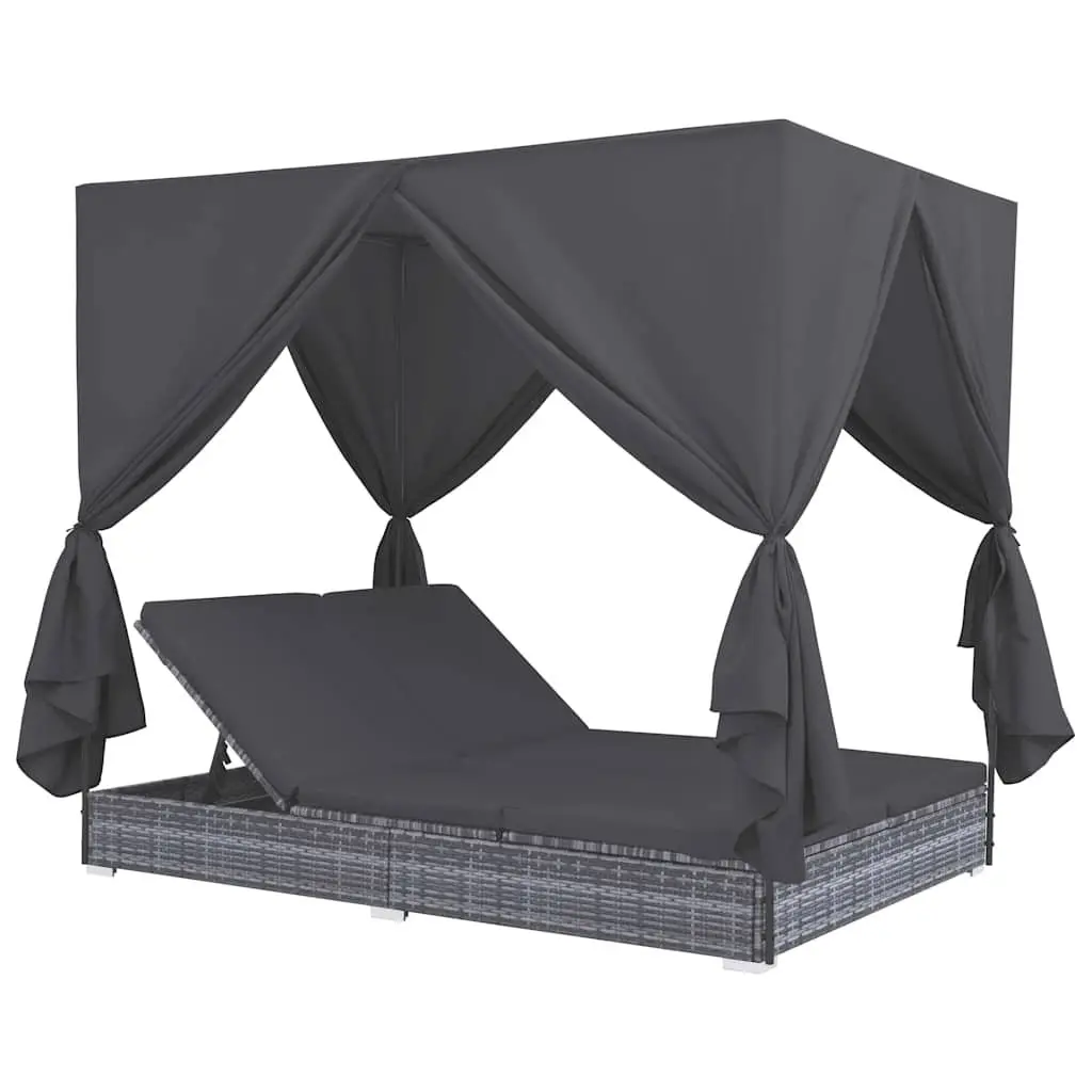 Outdoor Lounge Bed 2-Person Sun Lounger with Curtains Poly Rattan Grey Daybed
