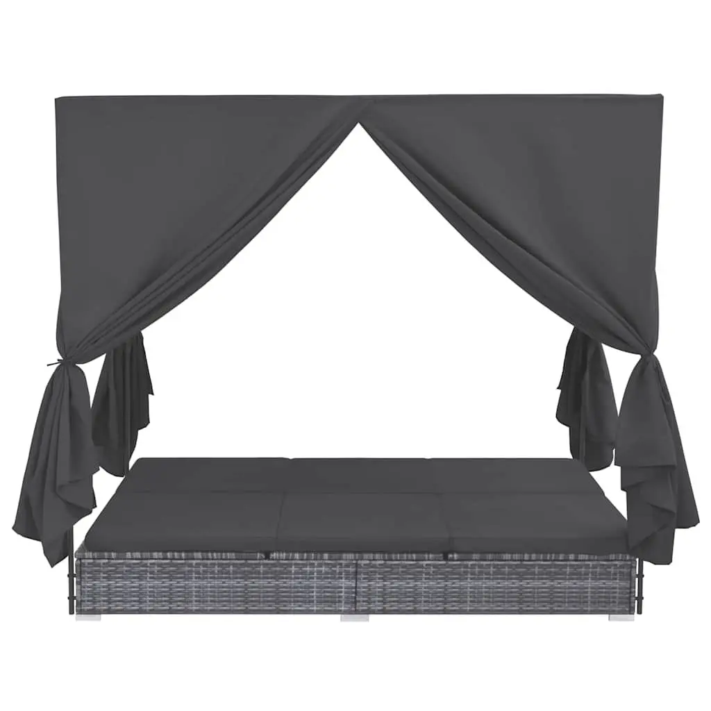 Outdoor Lounge Bed 2-Person Sun Lounger with Curtains Poly Rattan Grey Daybed