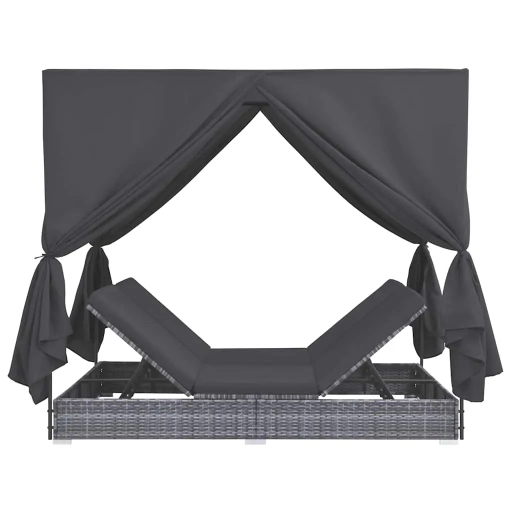 Outdoor Lounge Bed 2-Person Sun Lounger with Curtains Poly Rattan Grey Daybed