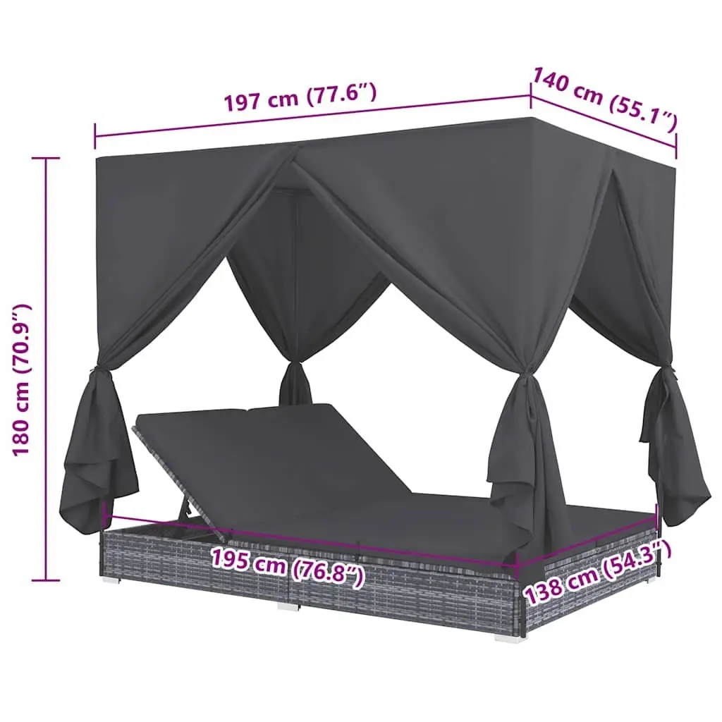 Outdoor Lounge Bed 2-Person Sun Lounger with Curtains Poly Rattan Grey Daybed