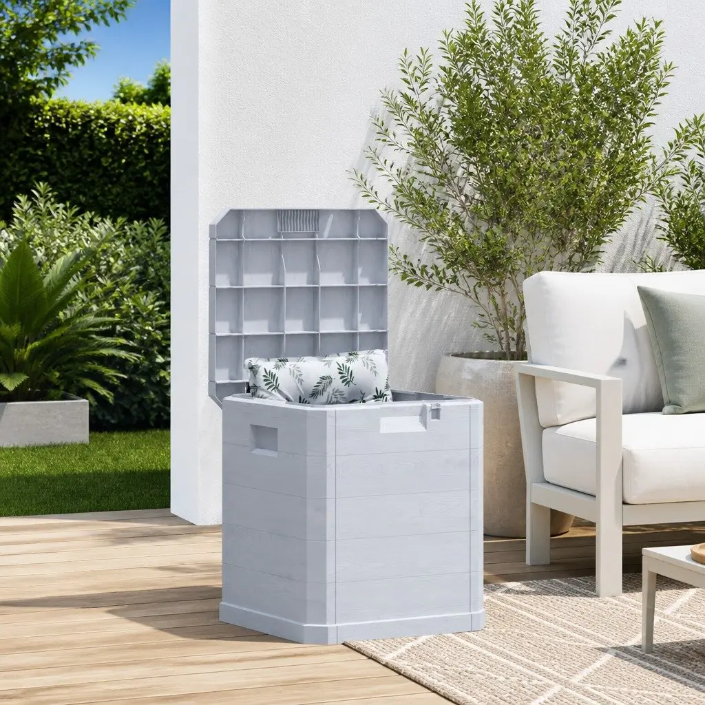 90L Weather Resistant Plastic Garden Storage Box with Wooden Texture for Indoor and Outdoor Use in Grey