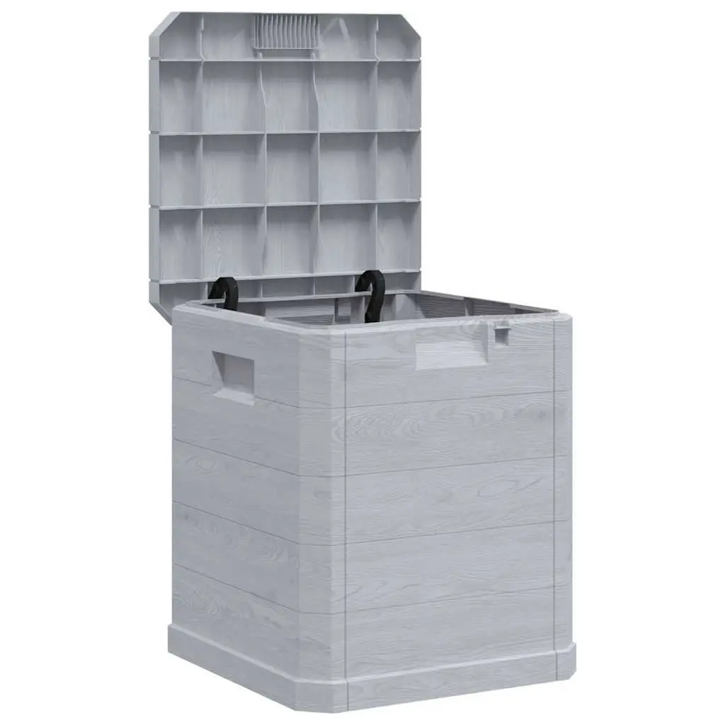 90L Weather Resistant Plastic Garden Storage Box with Wooden Texture for Indoor and Outdoor Use in Grey