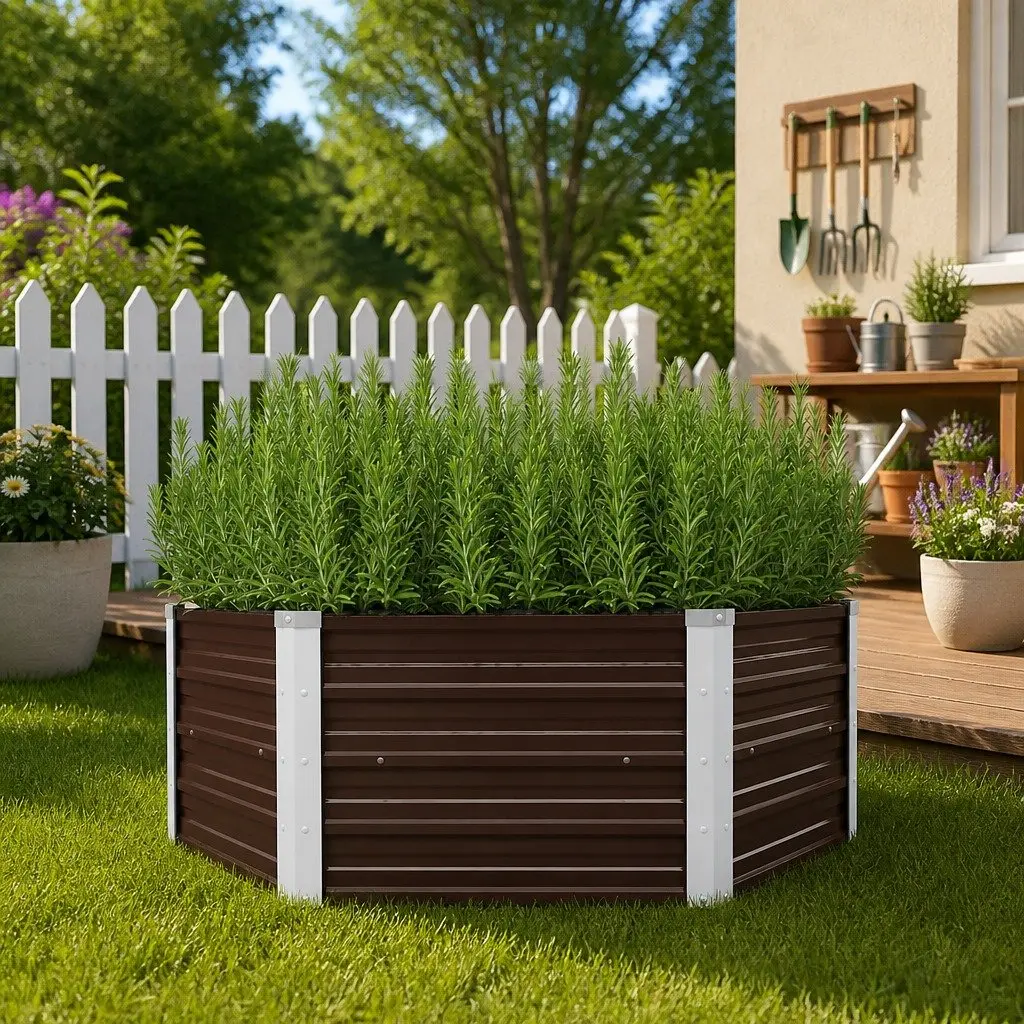 Raised Garden Bed Hexagon Galvanised Steel Brown 129x129x45cm Planter Vegetable