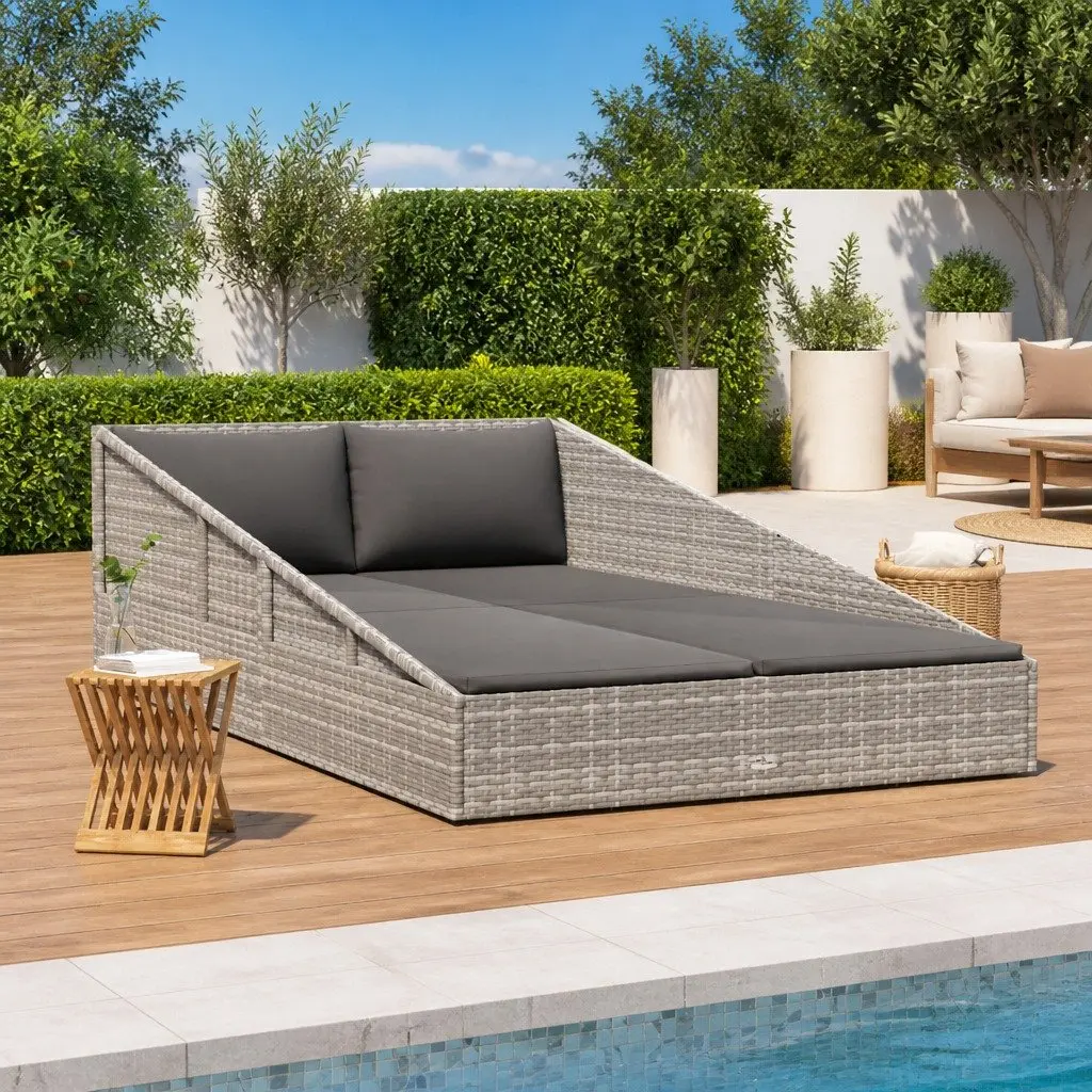 2-Person Grey Rattan Outdoor Daybed with Cushions