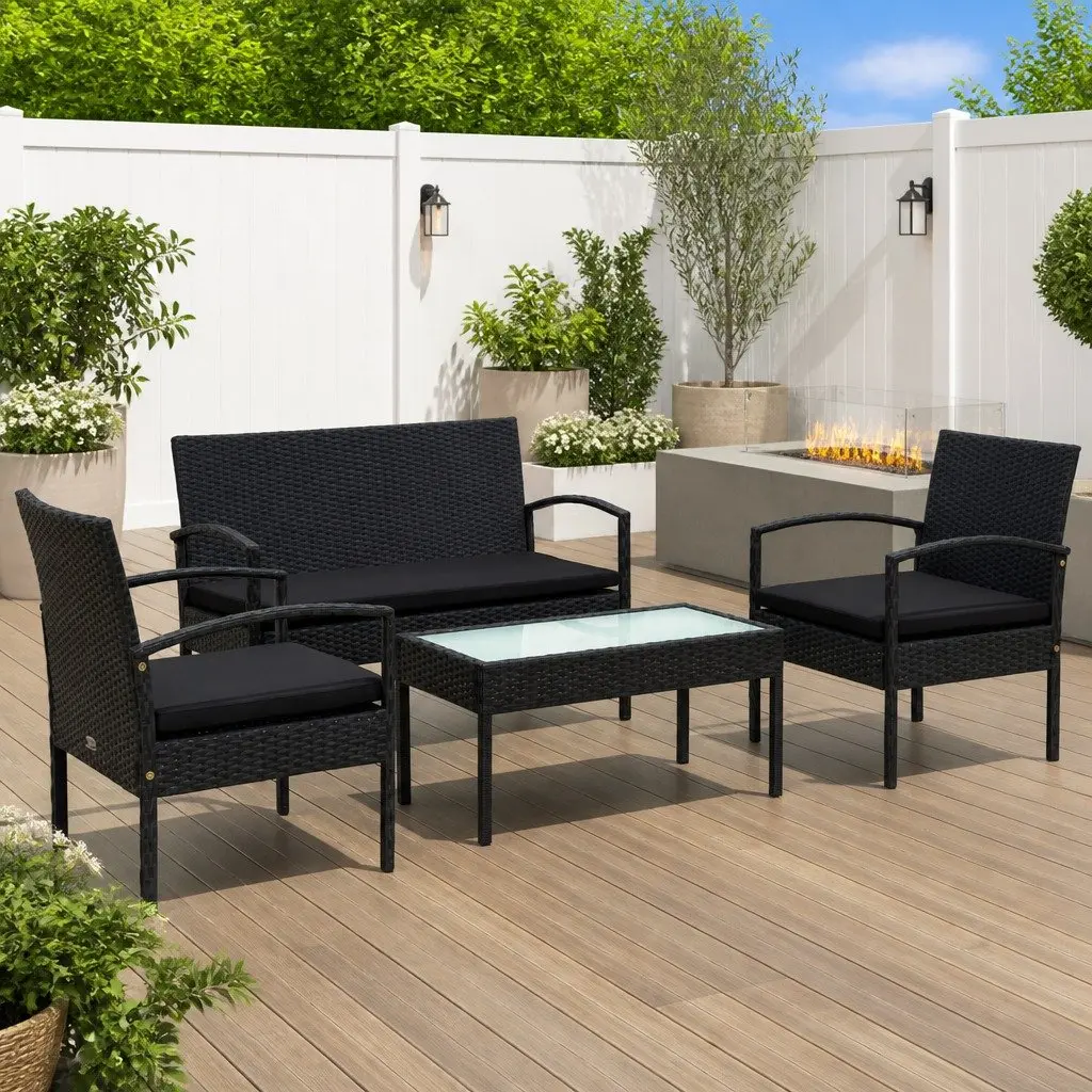 Garden Lounge Set PE Rattan Outdoor Patio Sofa Chair Table with Cushions Black 4 Piece