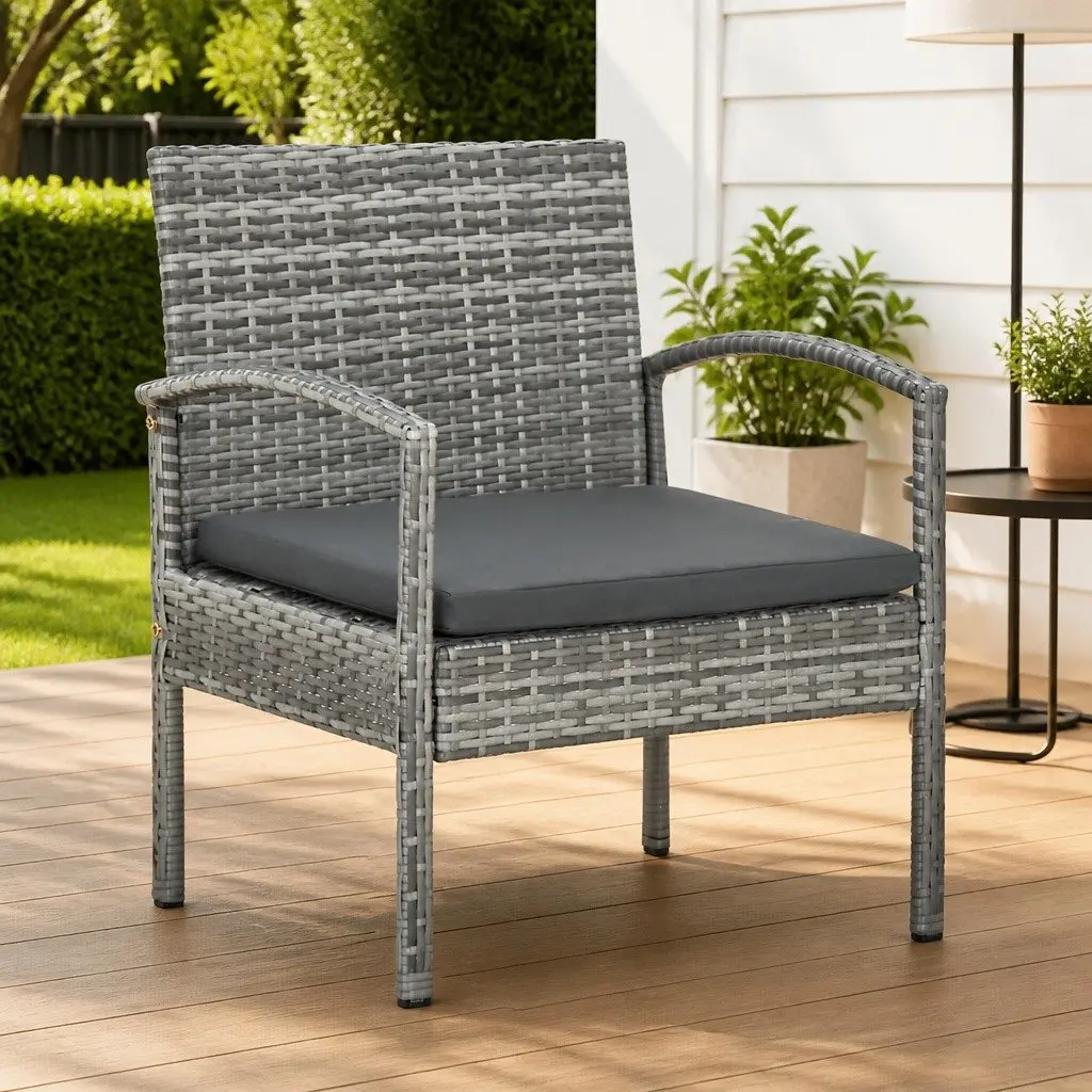 Outdoor Garden Chair Grey Poly Rattan Armchair with Padded Seat Cushion Patio