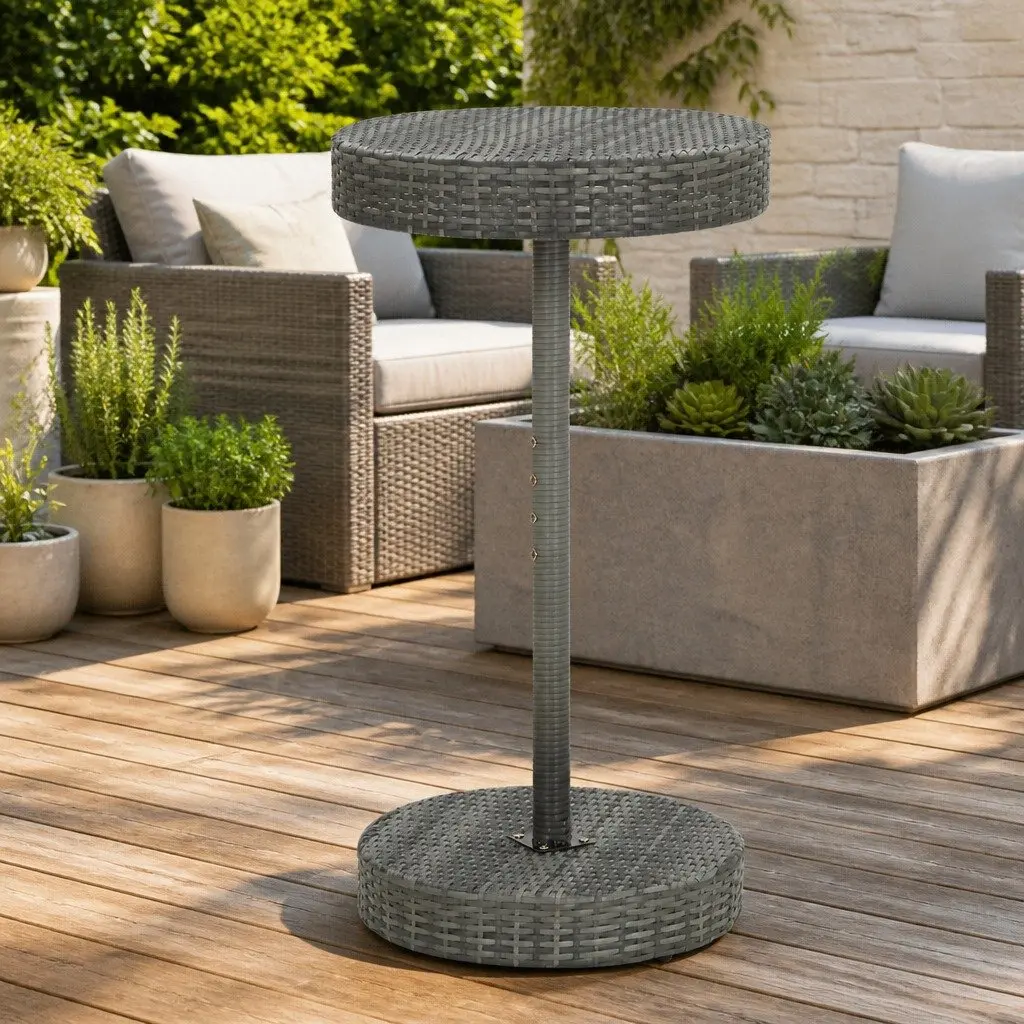 Outdoor Garden Table Grey Round Poly Rattan Patio Furniture Steel Frame
