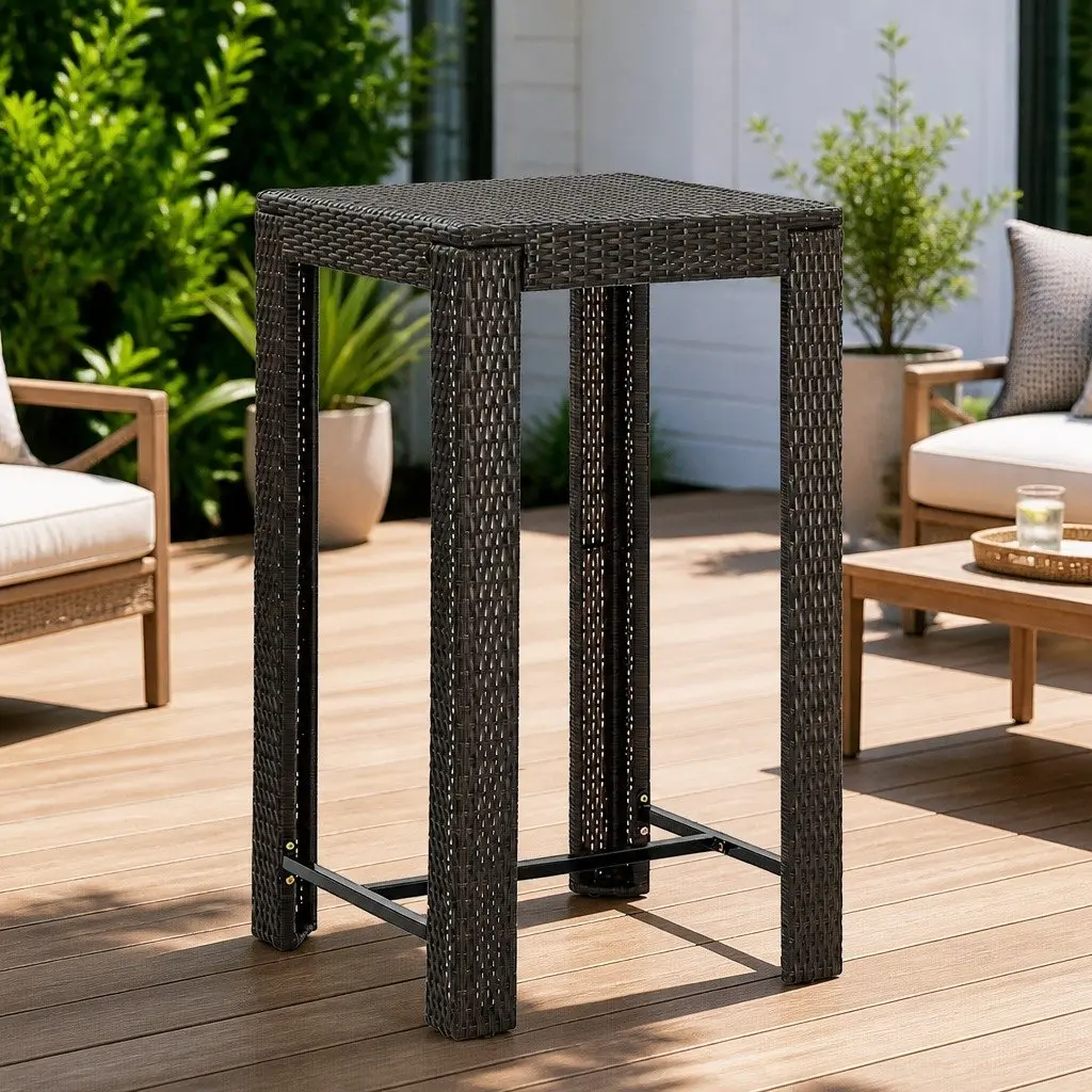 Outdoor Bar Table Brown Poly Rattan Steel Frame 60.5cm Garden Patio Furniture