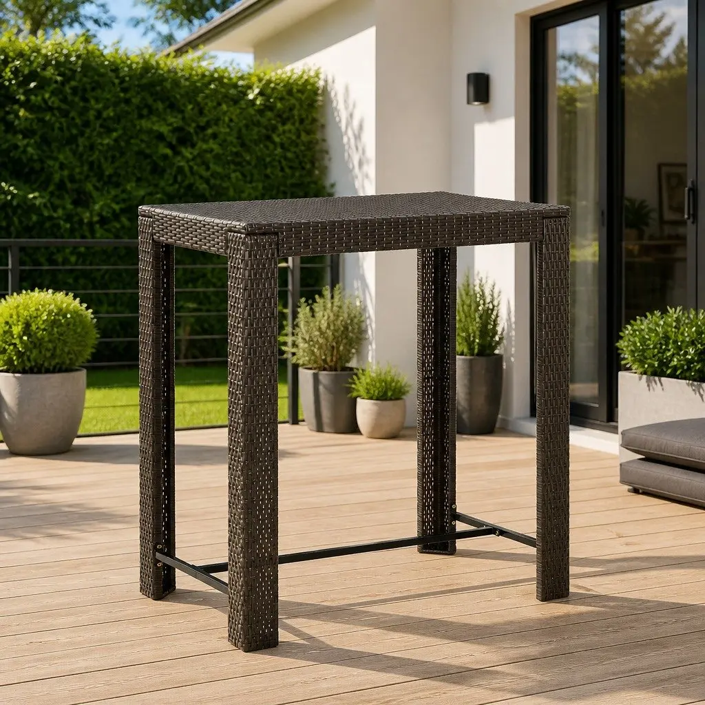 Outdoor Bar Table Brown Poly Rattan Garden Patio Furniture Backyard High Top