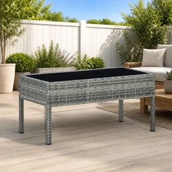 Outdoor Garden Table Grey Poly Rattan Patio Furniture with Glass Top
