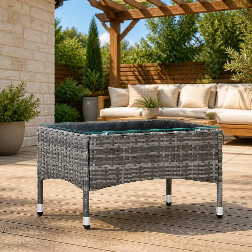 Outdoor Coffee Table Grey Poly Rattan Garden Side End Table Weather Resistant
