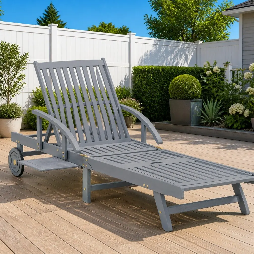 Sun Lounger Grey Wooden Adjustable Recliner Garden Patio Outdoor Chair