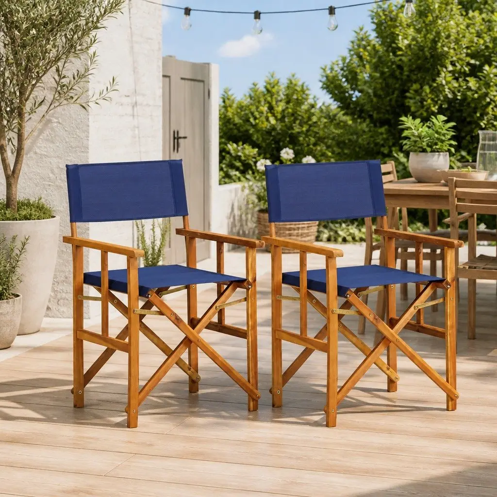 Folding Director's Chairs Outdoor Comfort Solid Acacia Wood Fabric Seat Blue Set of 2