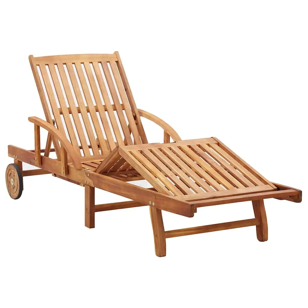 Sun Lounger Acacia Wood Adjustable Backrest with Cushions and Wheels