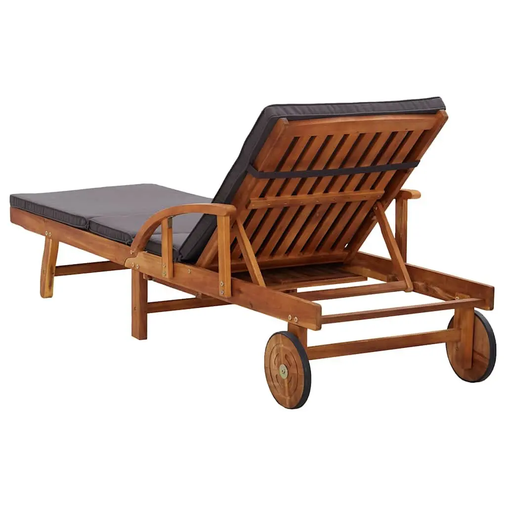 Sun Lounger Acacia Wood Adjustable Backrest with Cushions and Wheels
