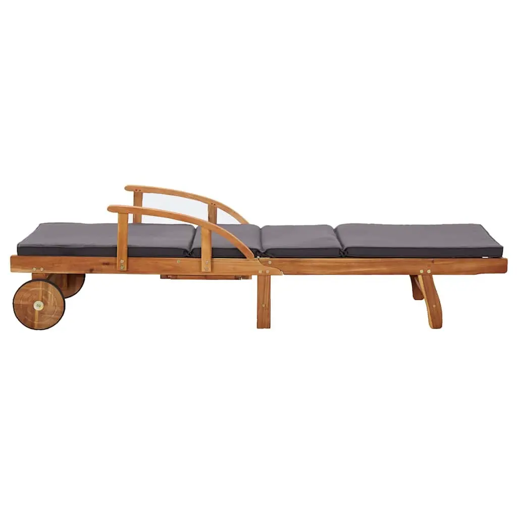 Sun Lounger Acacia Wood Adjustable Backrest with Cushions and Wheels