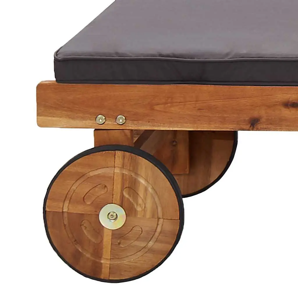 Sun Lounger Acacia Wood Adjustable Backrest with Cushions and Wheels