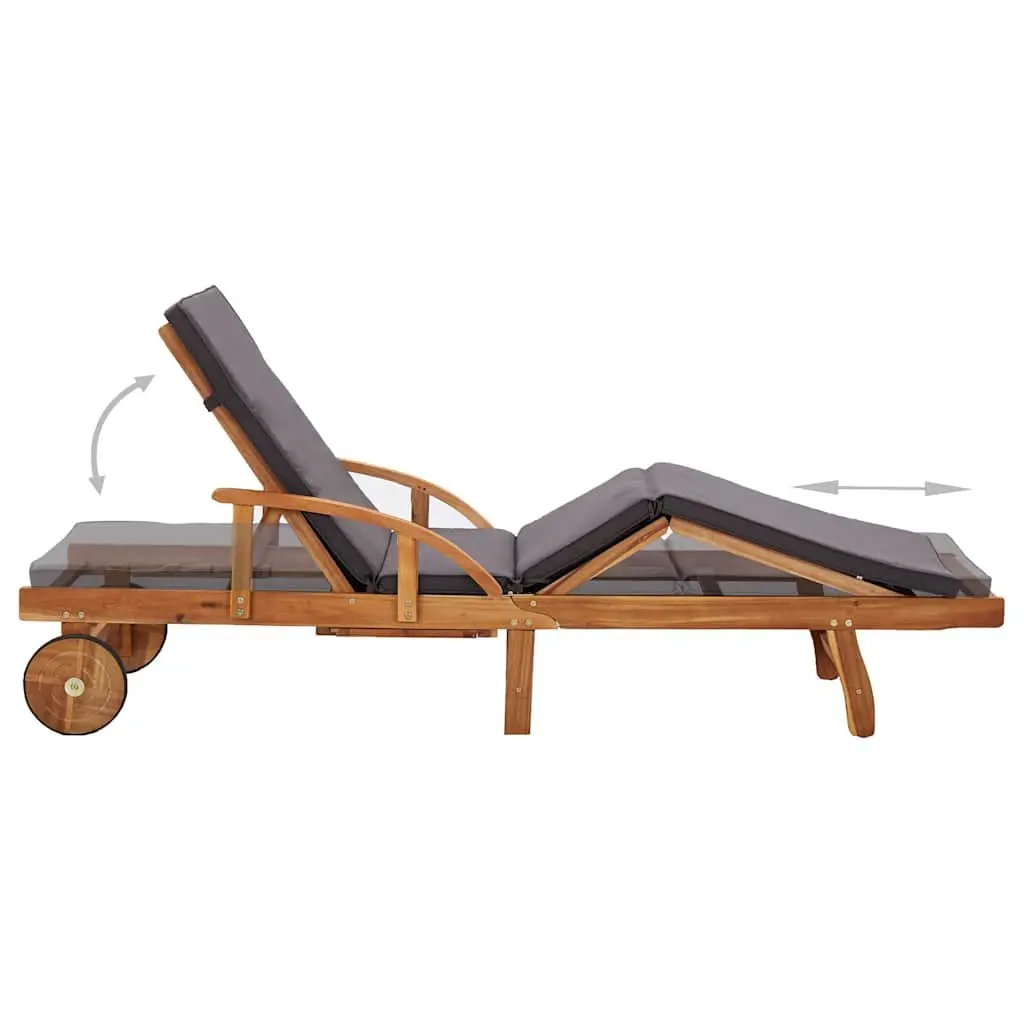 Sun Lounger Acacia Wood Adjustable Backrest with Cushions and Wheels
