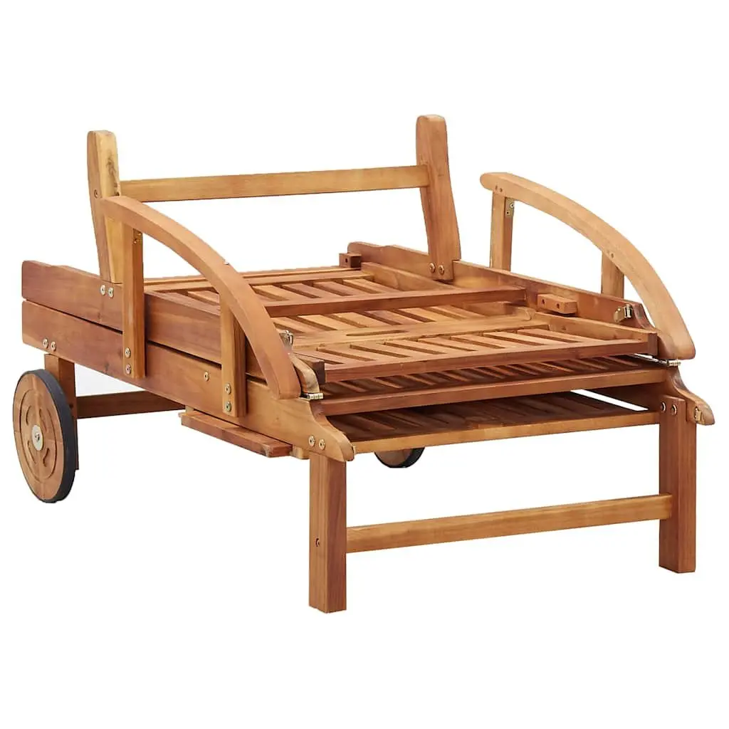 Sun Lounger Acacia Wood Adjustable Backrest with Cushions and Wheels