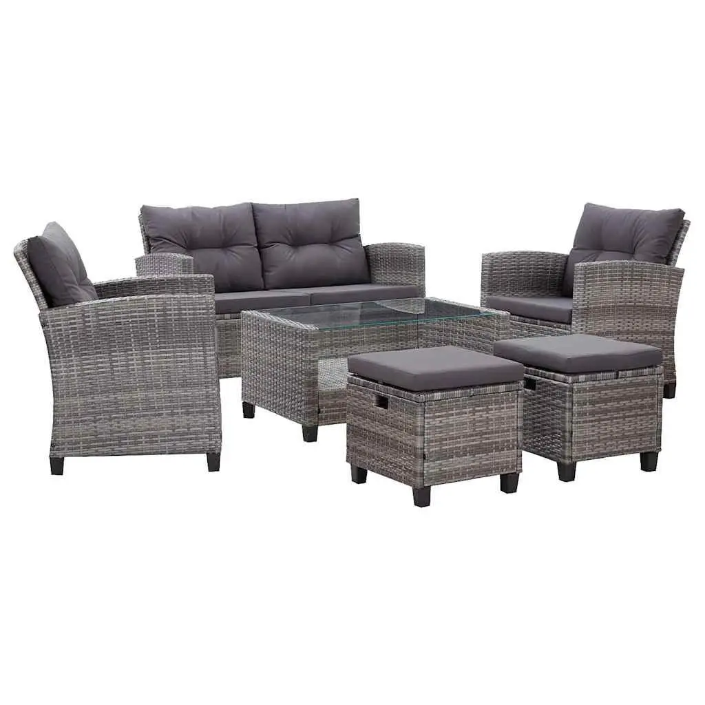 Garden Sofa Set 6 Piece Grey Weather-Resistant PE Rattan Patio Furniture with Cushions