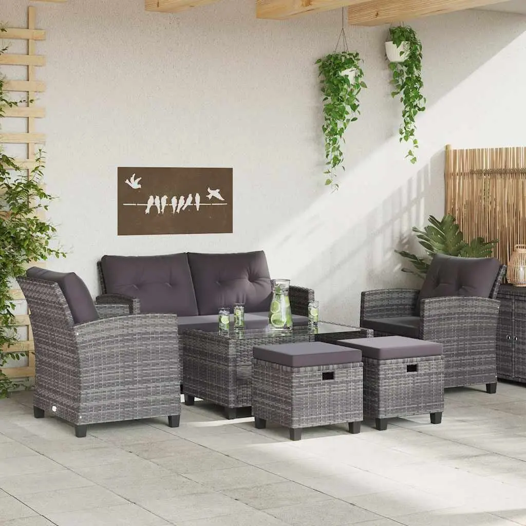 Garden Sofa Set 6 Piece Grey Weather-Resistant PE Rattan Patio Furniture with Cushions