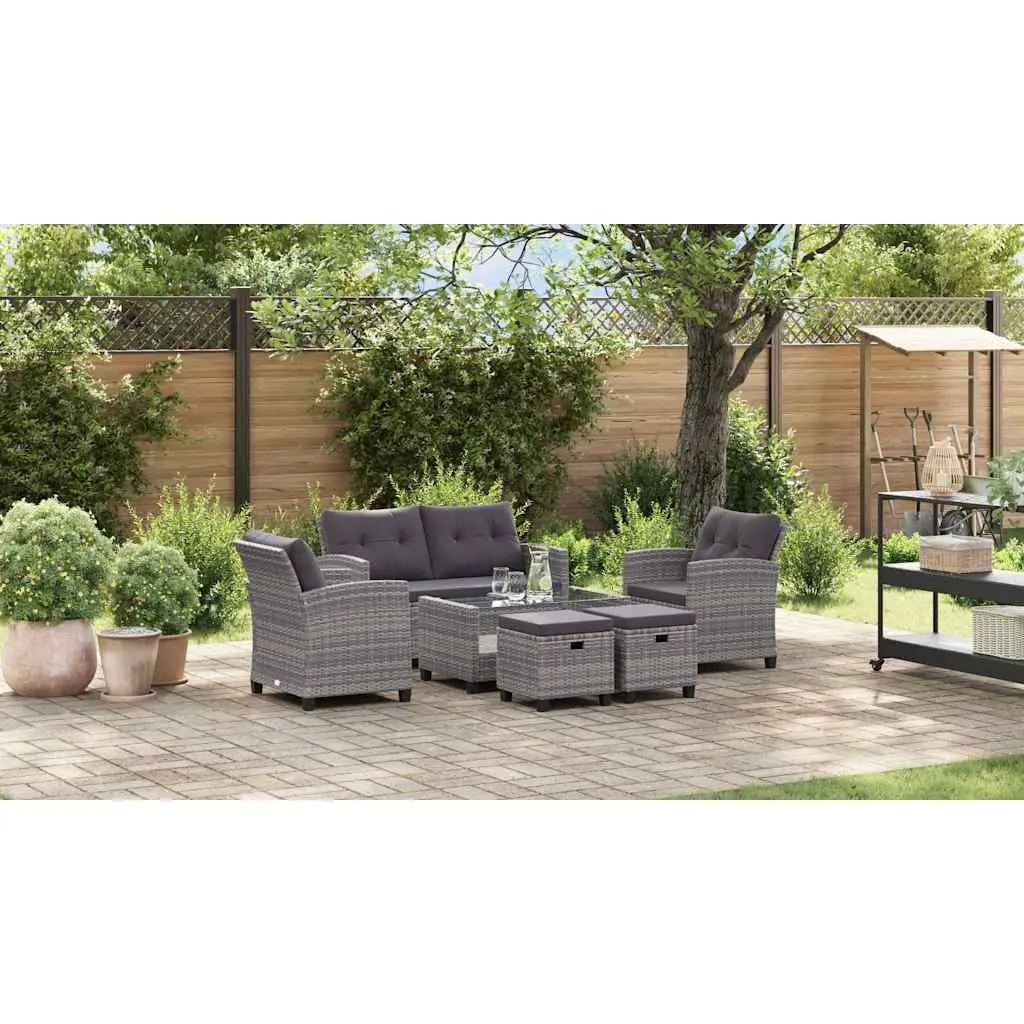 Garden Sofa Set 6 Piece Grey Weather-Resistant PE Rattan Patio Furniture with Cushions