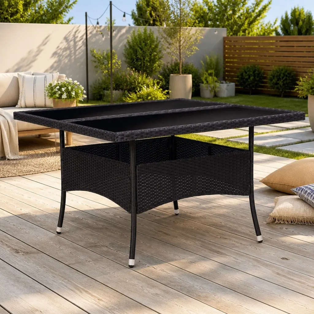 Outdoor Dining Table Black Weather-Resistant PE Rattan Glass 4 Seater